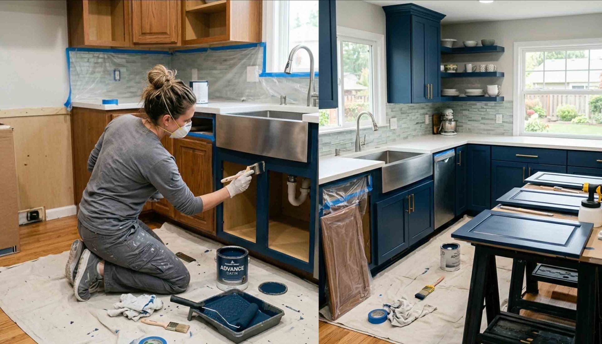 Female painter on her knees painting a brown kitchen cabinet blue with a brush