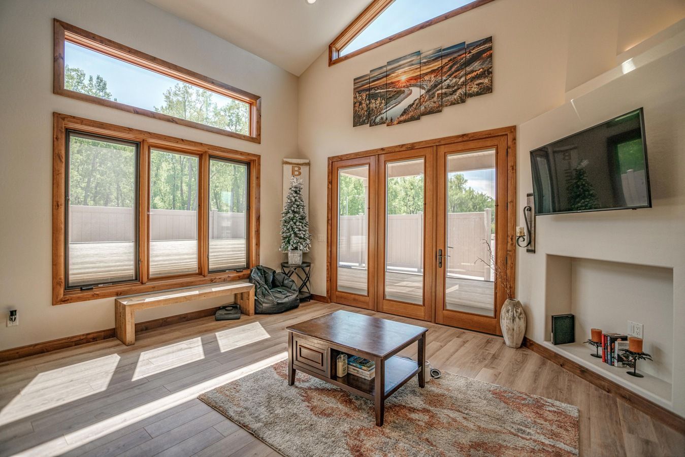 A bright, modern living room with wood flooring, large windows, a coffee table on a patterned rug, and a wall-mounted TV.