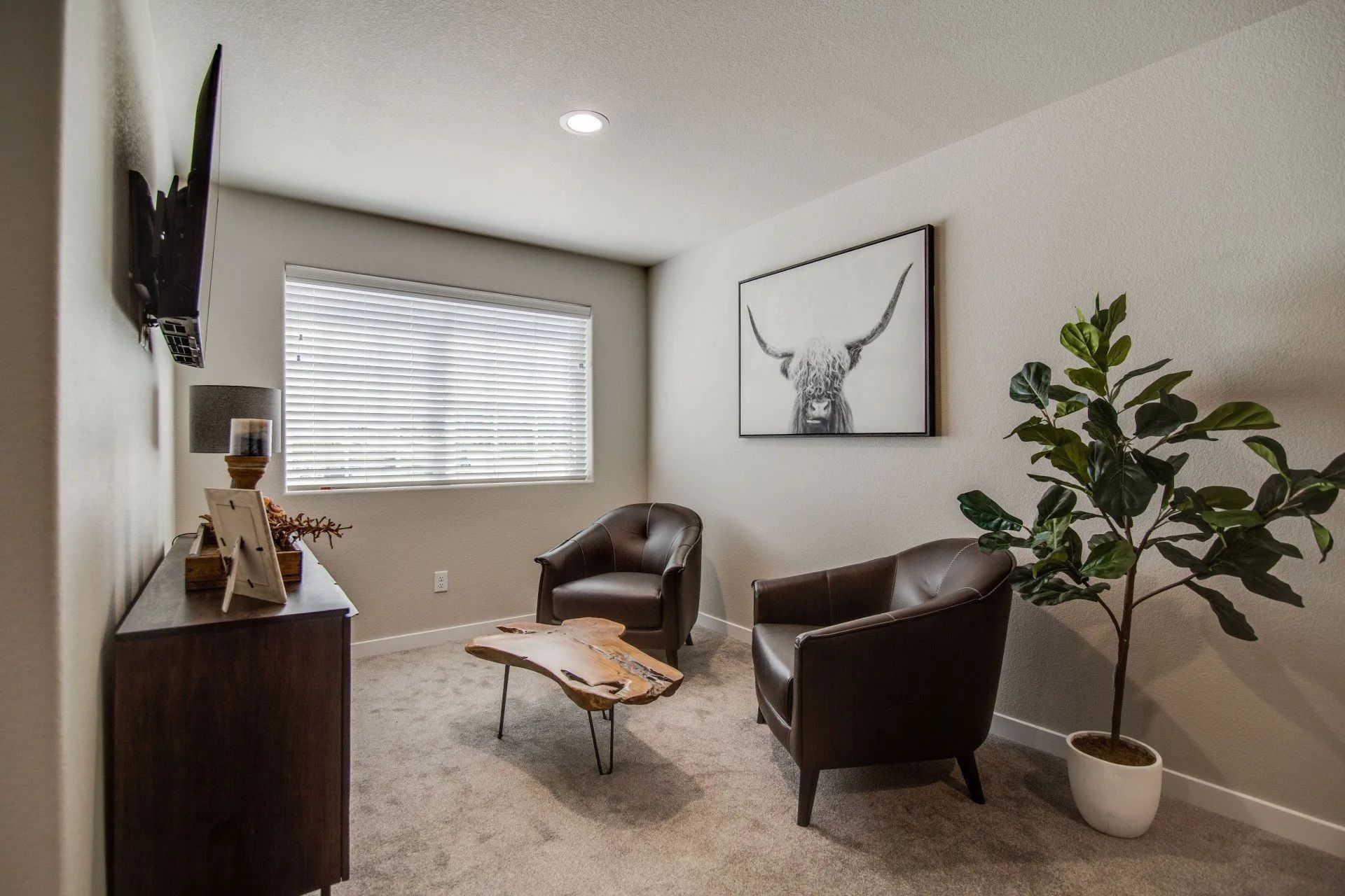 A sitting area with two dark leather armchairs, a wooden coffee table, a side cabinet, a potted plant, and wall art.