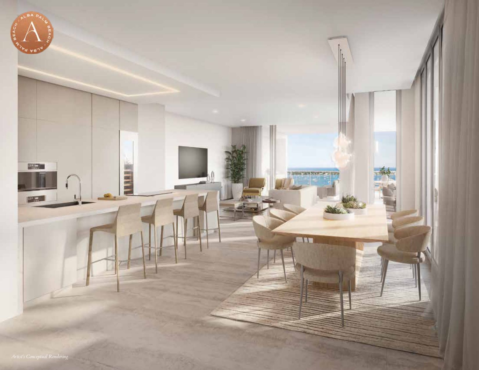 Open-plan living space with kitchen, dining area, and view of the ocean. Neutral colors with modern furniture.