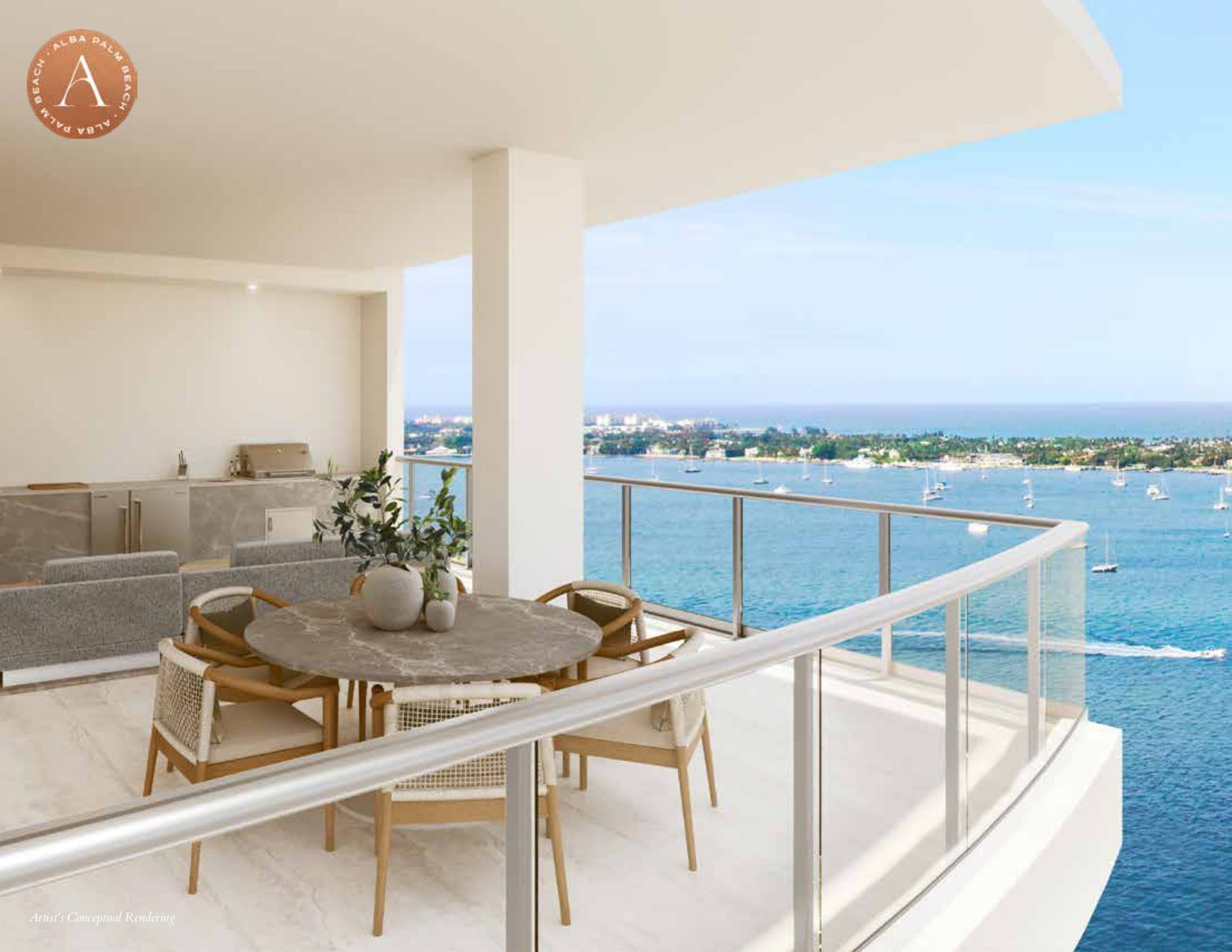 Balcony with water view, round table, chairs, outdoor kitchen, and clear glass railing.