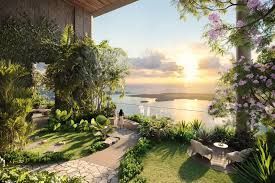 Garden path overlooking water at sunset. Lush greenery, flowers, and wooden structure.