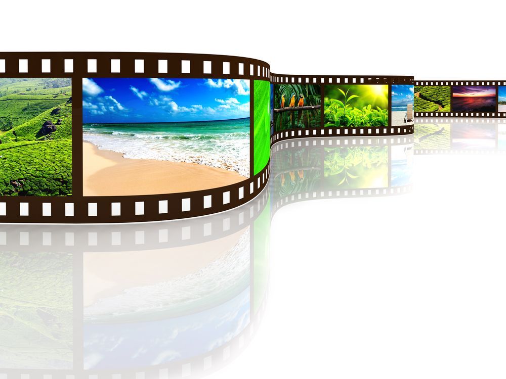 A row of film strips with different pictures on them on a white background.