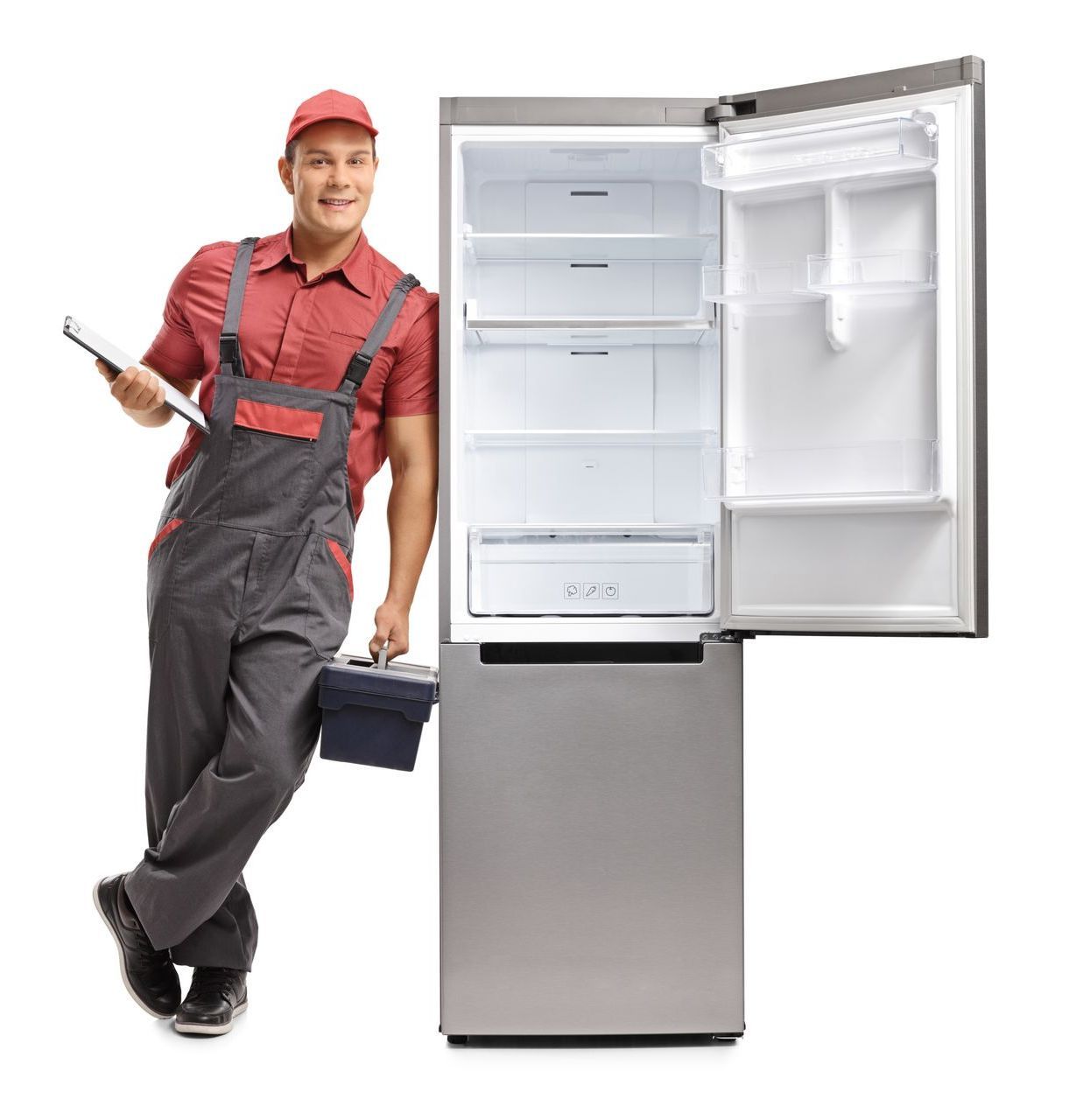 Technician Leaning Beside the Fridge