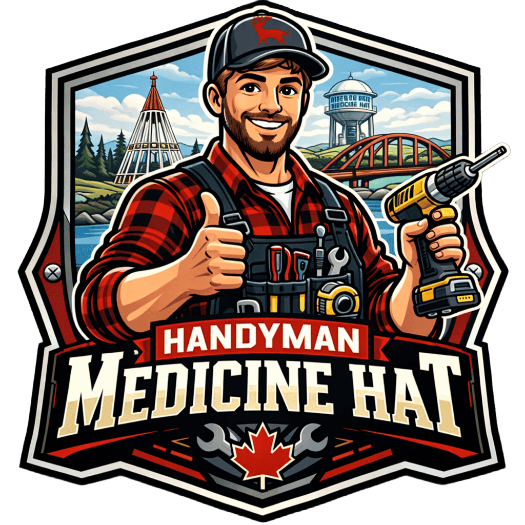 Handyman Medicine Hat: A handyman icon on orange shield with name of location.
