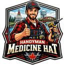 Handyman Medicine Hat: A handyman icon on orange shield with name of location.