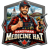 Handyman Medicine Hat: A handyman icon on orange shield with name of location.