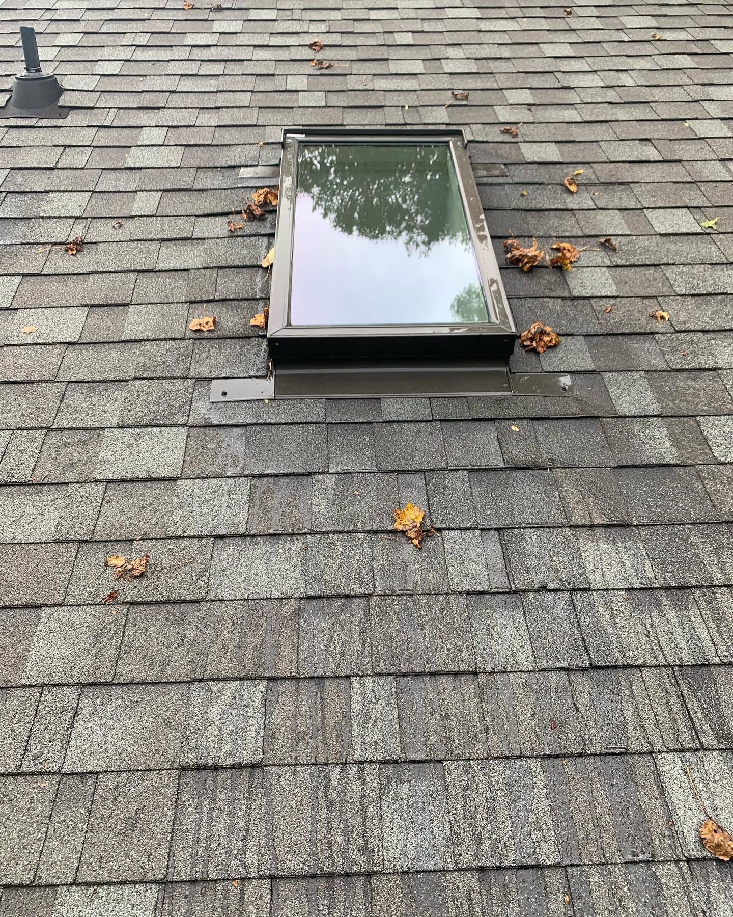 Roof skylight surrounded by gray shingles with scattered autumn leaves