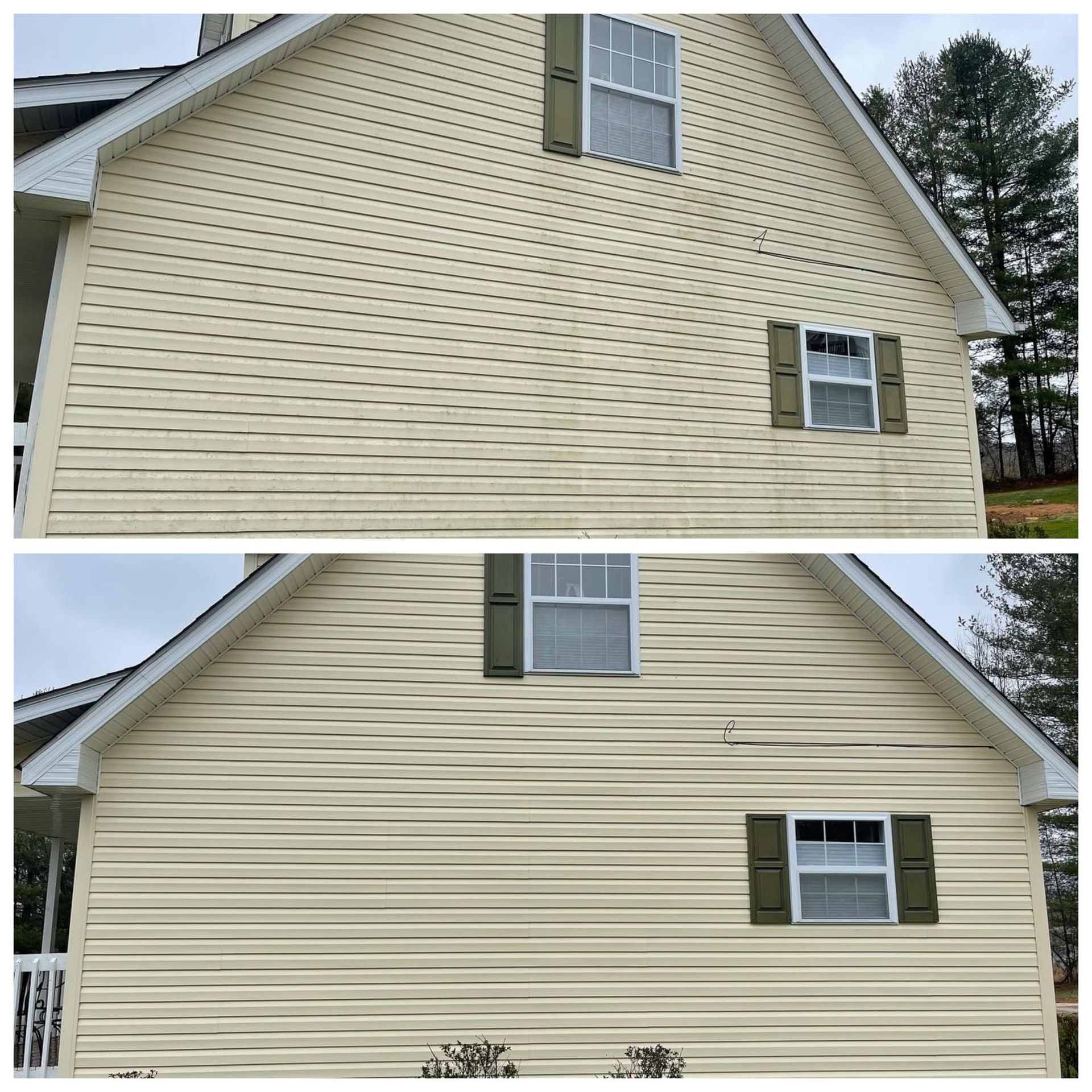 Side-by-side views of a beige house exterior with different window shutter placements.