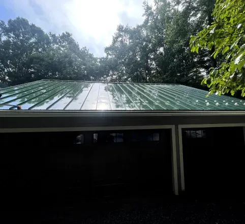 Green metal roof on a building, surrounded by tall trees under a cloudy sky