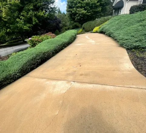 Curved concrete sidewalk beside green shrubs and a house on a sunny slope