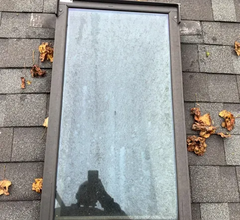 A skylight window on a gray shingled roof with fallen leaves around it.