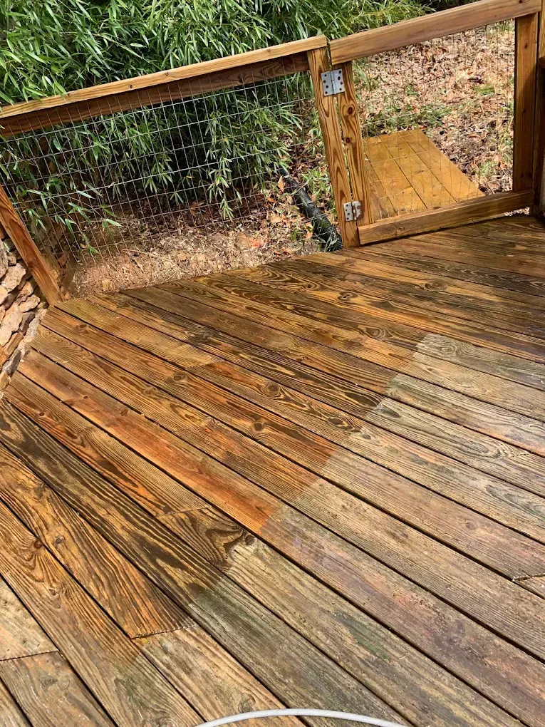 Wooden deck with wet, weathered planks and a railing beside leafy greenery