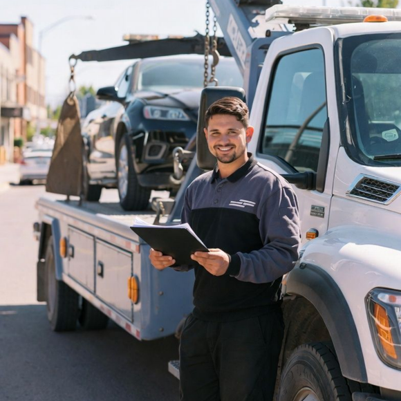 Towing service assisting driver during unexpected roadside trouble