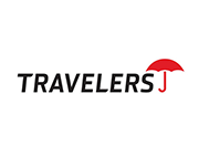 Travelers insurance logo: Black text with a red umbrella icon.