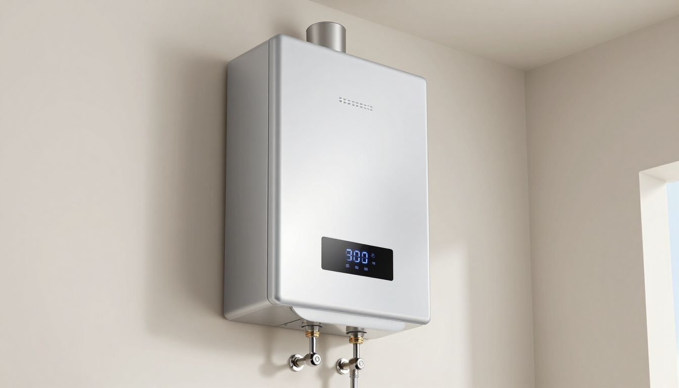 Water heater with blue expansion tank in a small utility closet beside a white door.