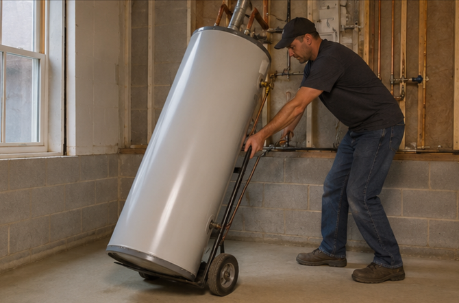 Man rolling a large white water heater on a hand truck in a basement room