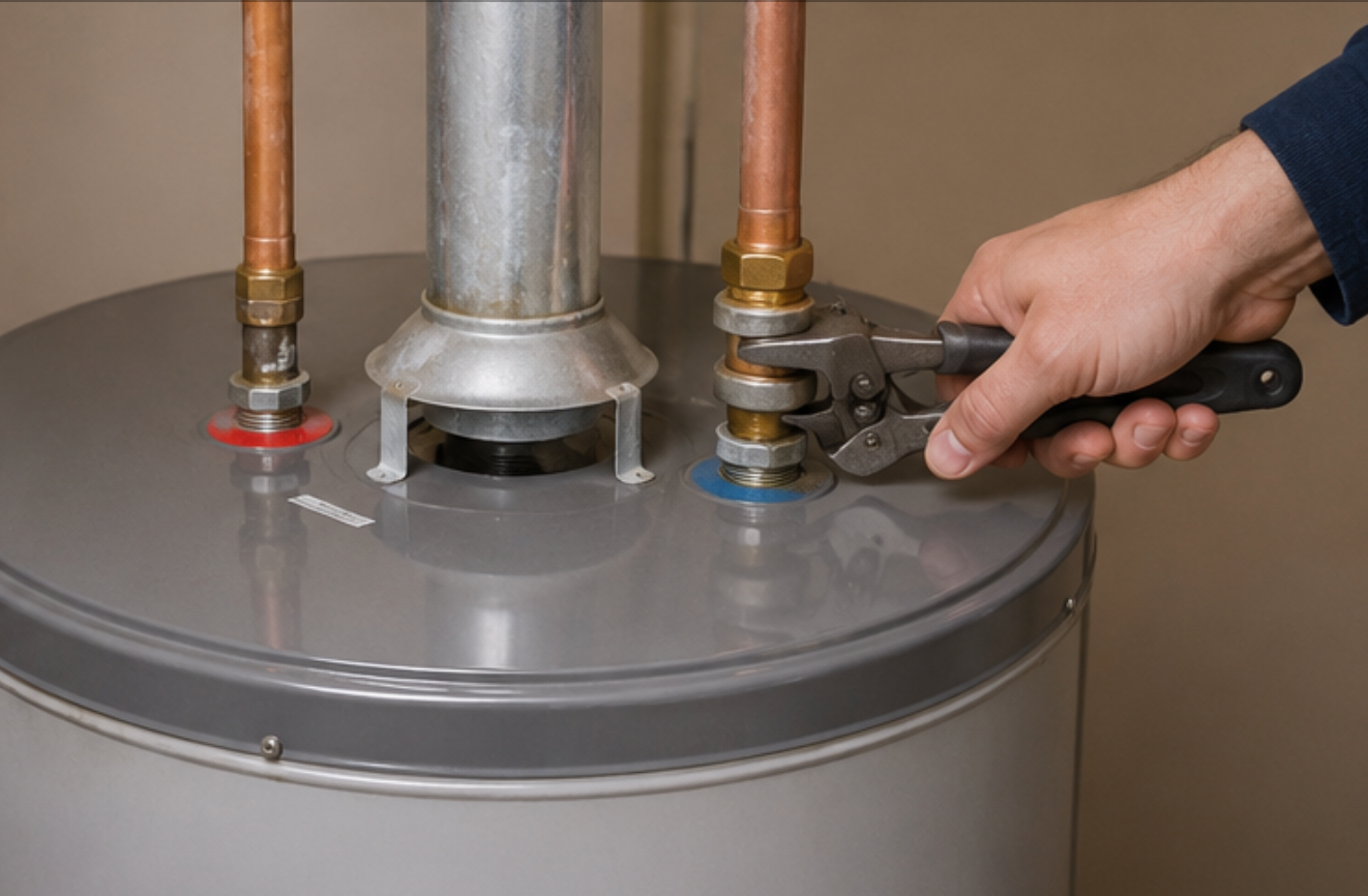 Hand tightening a wrench on pipes connected to a water heater tank