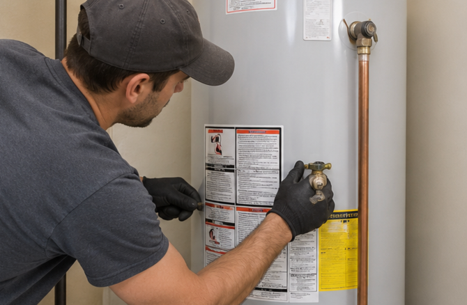 Technician inspecting a water heater with a flashlight and notes on a label