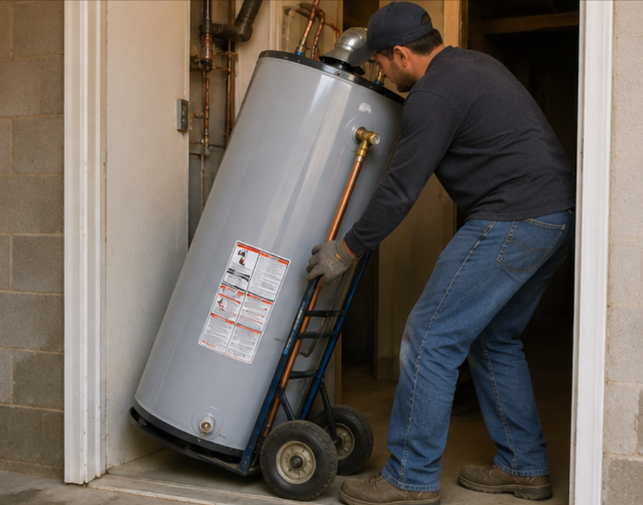 Man moving a large gray water heater through a doorway on a dolly