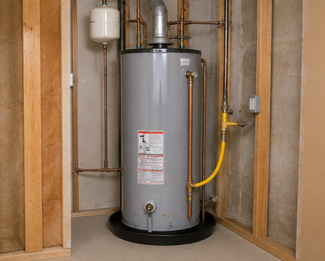 Water heater in an unfinished utility closet with exposed wooden framing and pipes