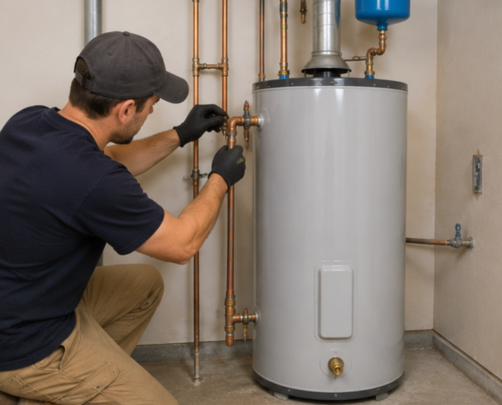 Plumber tightening copper pipes beside a white water heater in a utility room