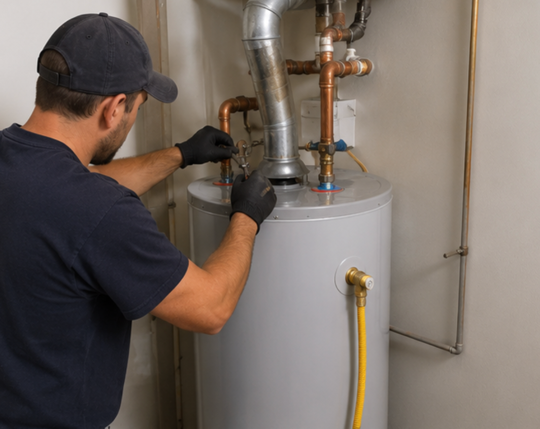 Technician adjusting piping on a water heater in a utility room