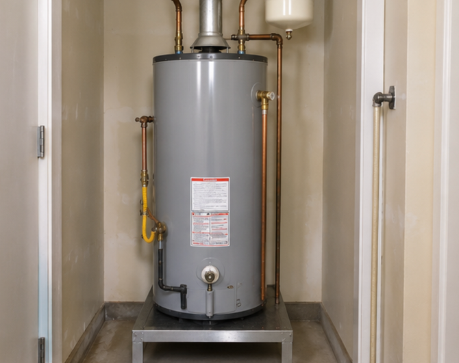 Gray water heater in a utility closet with exposed pipes and a small metal platform.