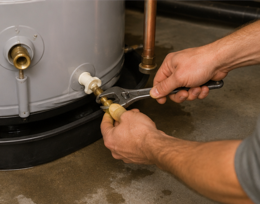Hands use a wrench to tighten a brass fitting on a white water heater.