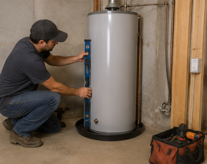 Plumber leveling a white water heater in a basement with a blue level and tools nearby