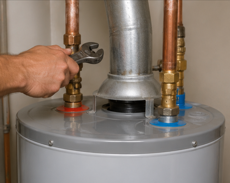 Hand adjusting a wrench on copper pipes above a water heater, with red and blue valve markings