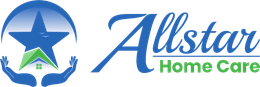 Allstar Home Care logo with blue star, green house, and blue-and-green text on white background