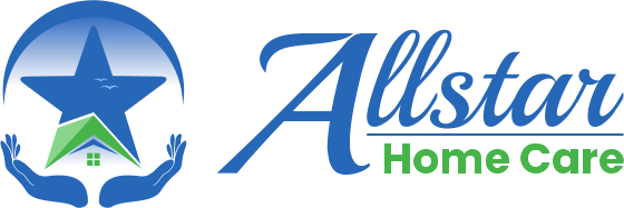Allstar Home Care logo with blue star, green house, and blue-and-green text on white background