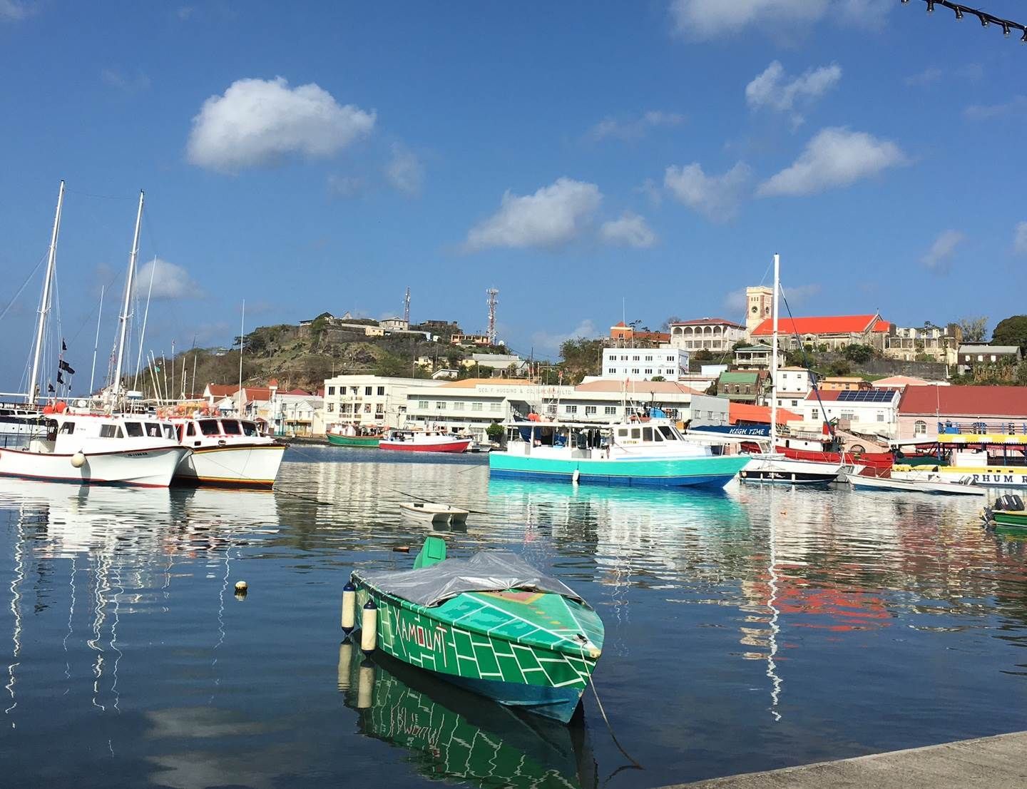 Boats are docked in a harbor with a city in the background