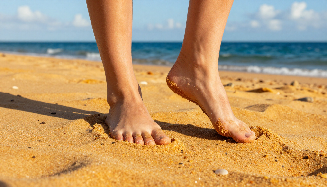Bare feet walking on a sunny beach representing summer foot safety.
