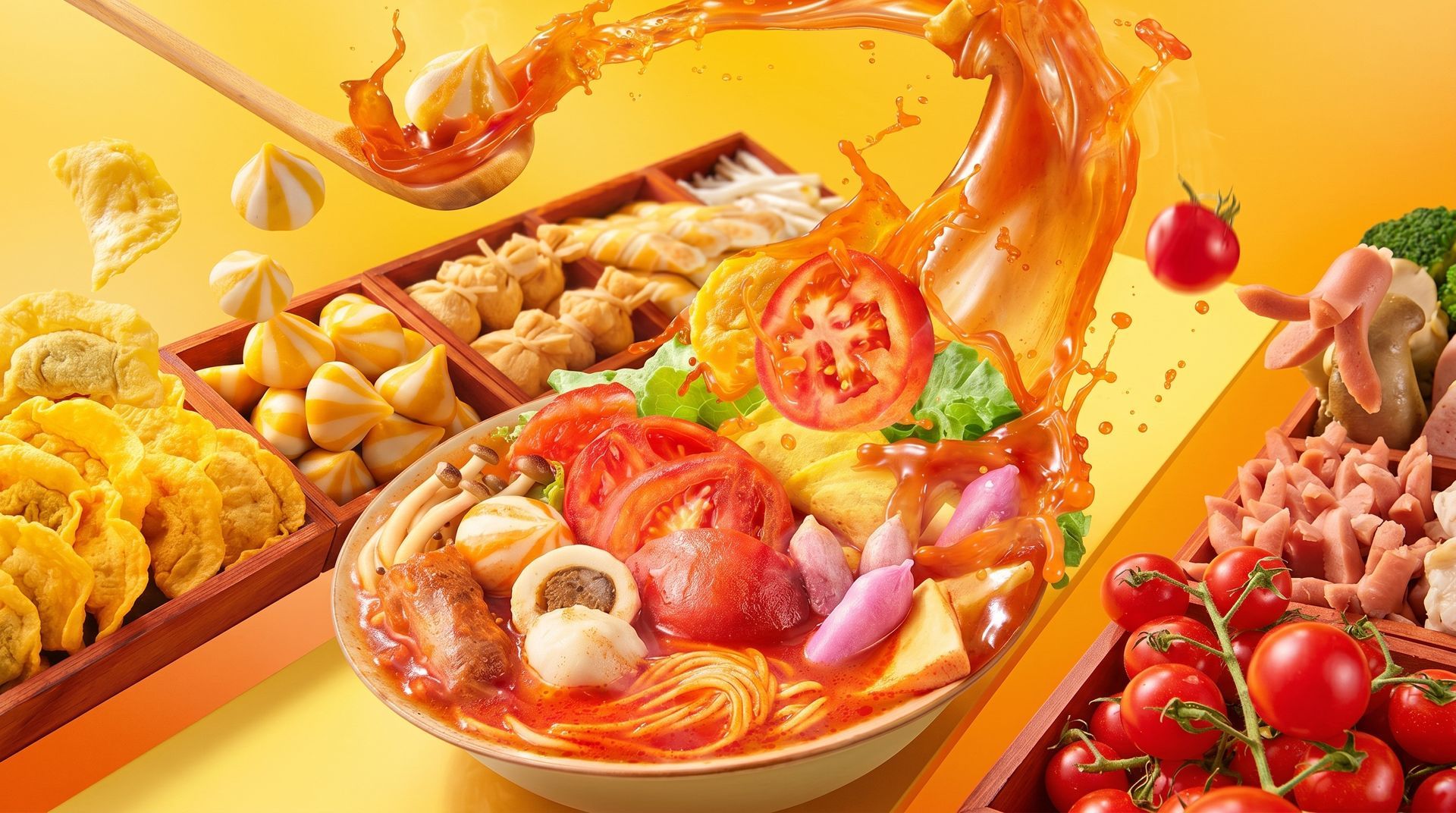 Vibrant spread of assorted fruits, pastries, seafood, and tomatoes on a bright yellow background
