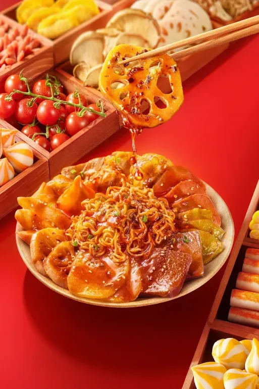 Spaghetti being twirled onto a plate amid colorful pasta and cherry tomatoes on a red table.