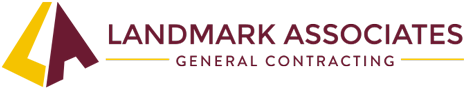 Logo for Landmark Associates, a general contracting firm. The logo includes a yellow and burgundy 