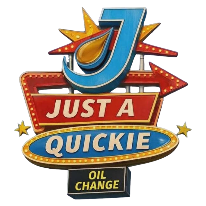 Vintage &ldquo;Just a Quickie&rdquo; oil change sign with a large blue J and red arrow accents.