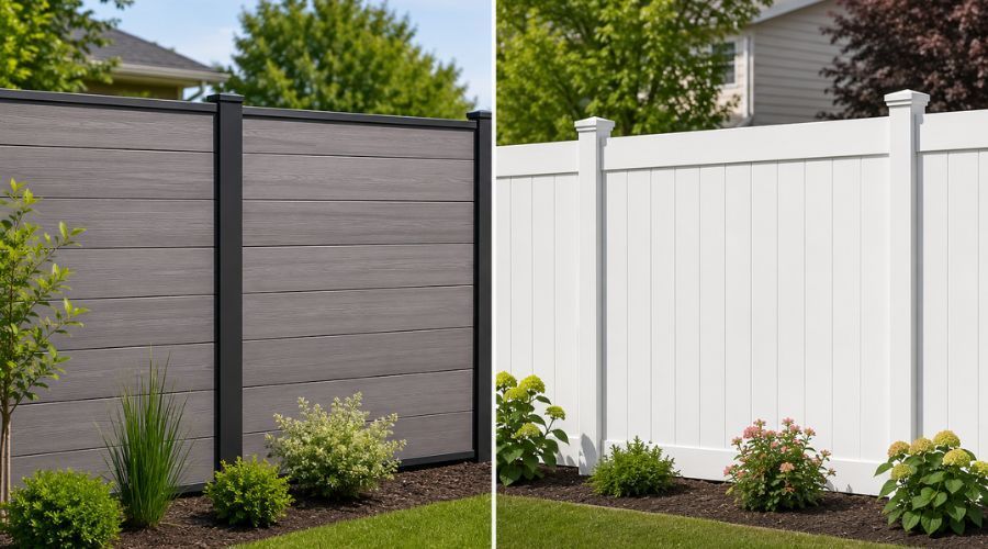 Composite vs vinyl fencing: Grey horizontal composite fence next to a white vertical vinyl fence.