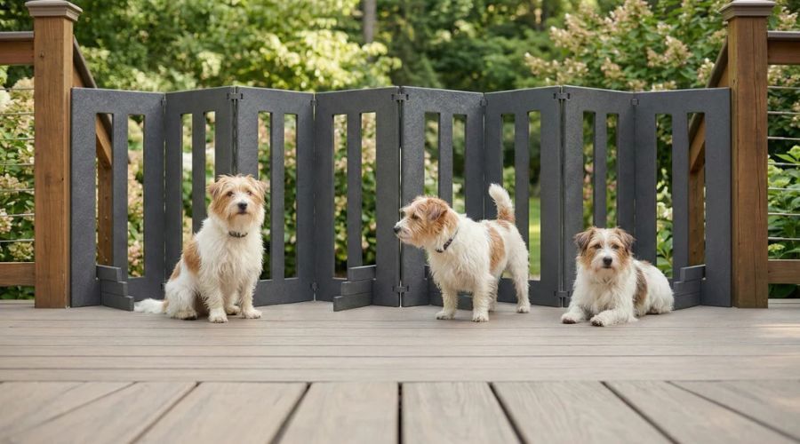 Three small dogs beside a folding safety gate on a deck