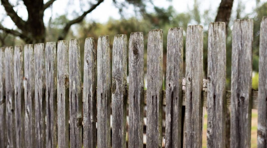 A close-up of a weathered, grey wooden picket fence standing outdoors with blurred trees in the background.