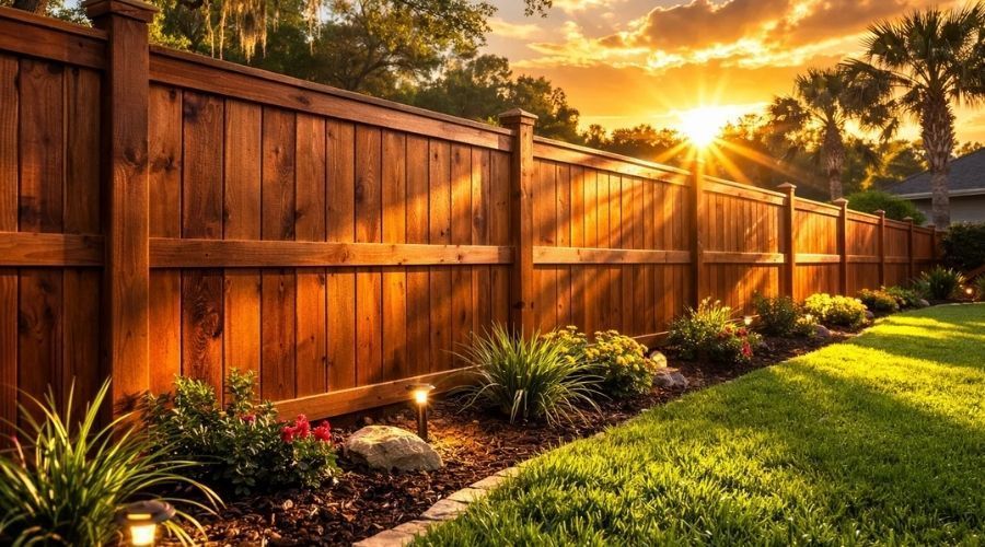 Stained wood privacy fence with landscape lighting at sunset.