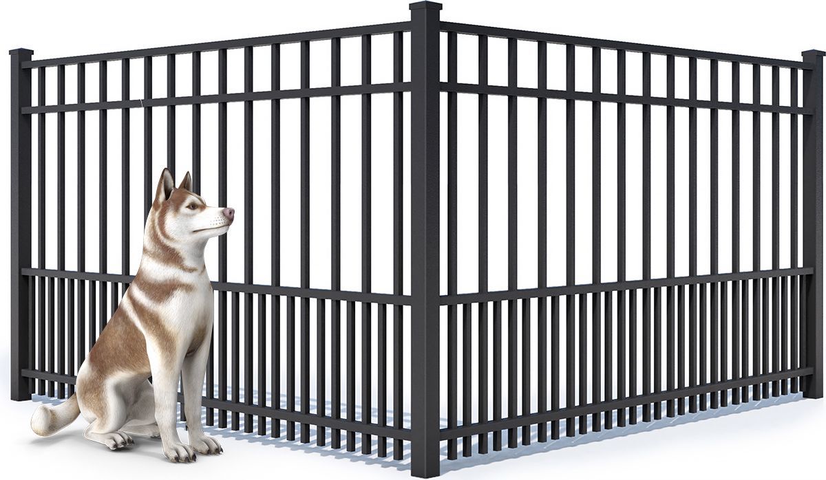 A brown and white husky sits next to a corner section of black metal puppy-picket fencing.