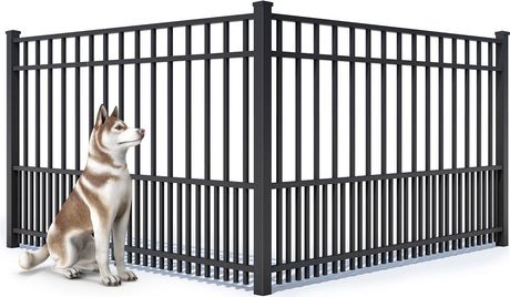 A brown and white husky dog sits in front of a black metal puppy-picket fence against a white background.