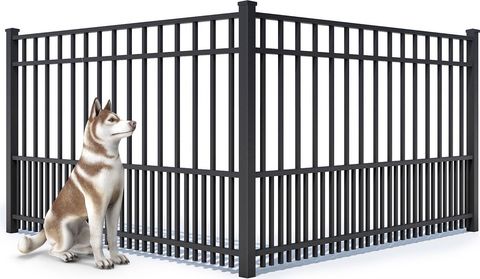 A metal gate with a stone pillar surrounding it on a white background.