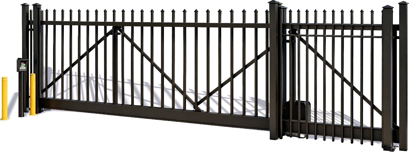 A black metal fence with a sliding gate on a white background.