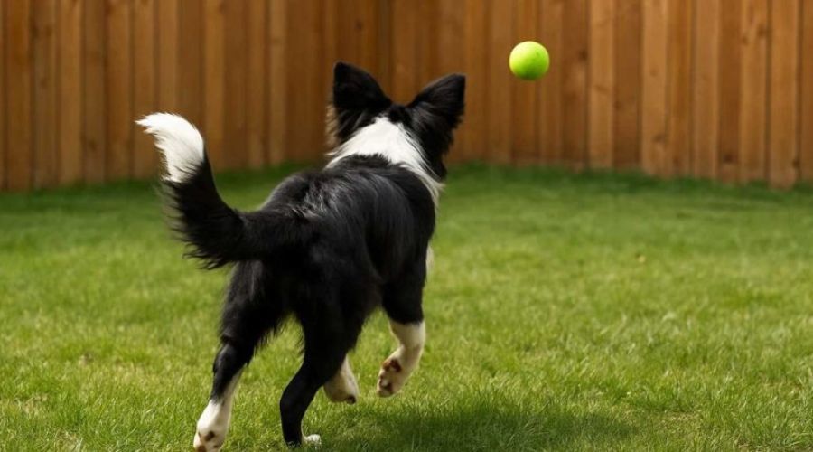 Border collie playing ball inside a wooden privacy fence yard.