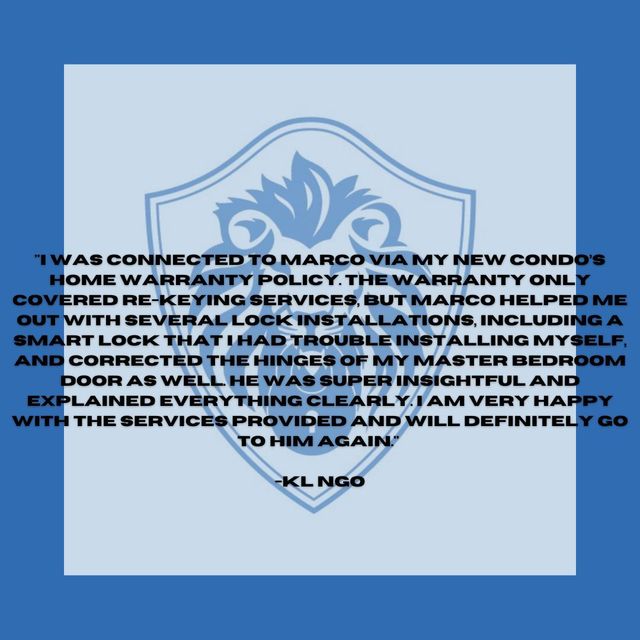 Testimonial on blue background: text within a shield logo about Marco's lock services and helpfulness; signed KL Ngo.