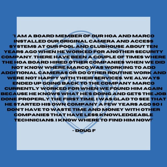 Testimonial about Marco's security system work, blue background, text from Doug F, recommending his company.
